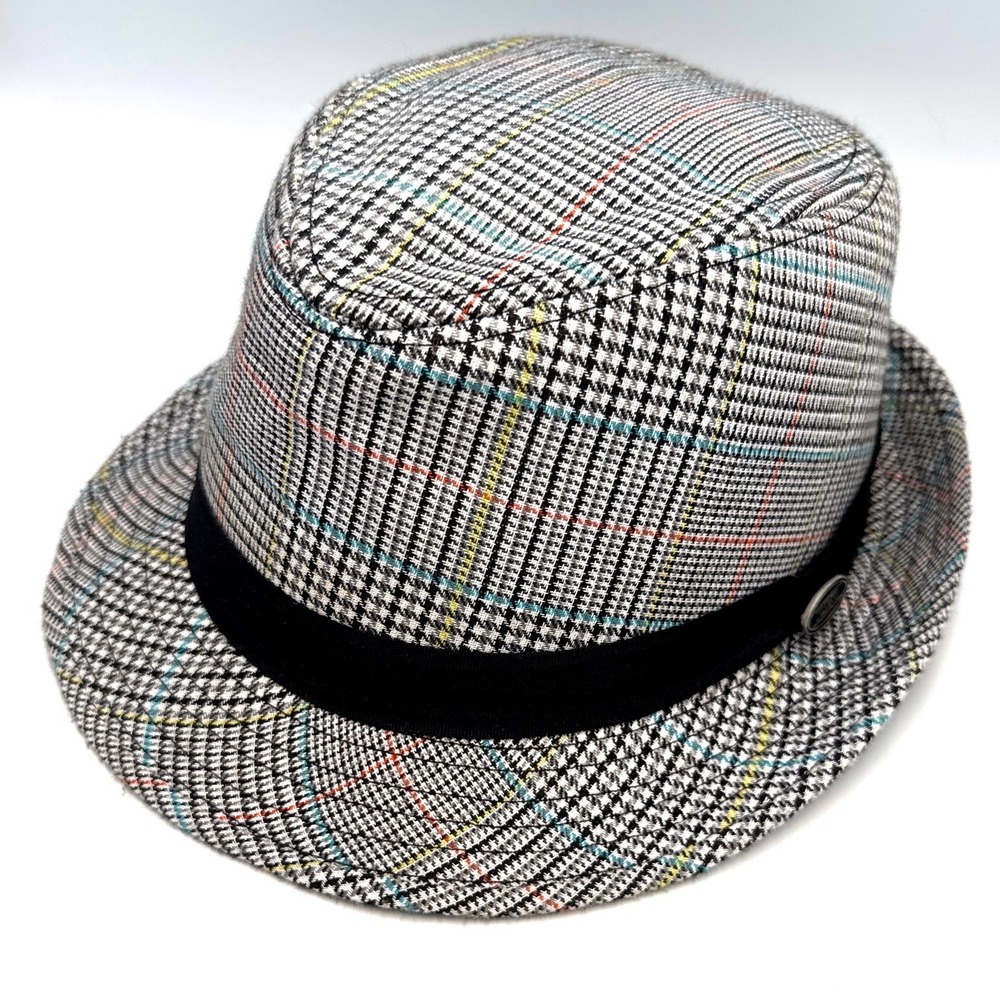 DPC 1921 Houndstooth Fedora Hat Large Black Gray Rainbow Plaid Grosgrain Band